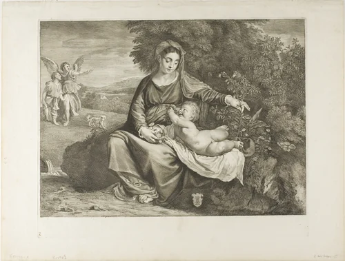 Virgin and Child, with Tobias and the Angel, from Cabinet Reynst by Cornelis Visscher, print, 1649-1658