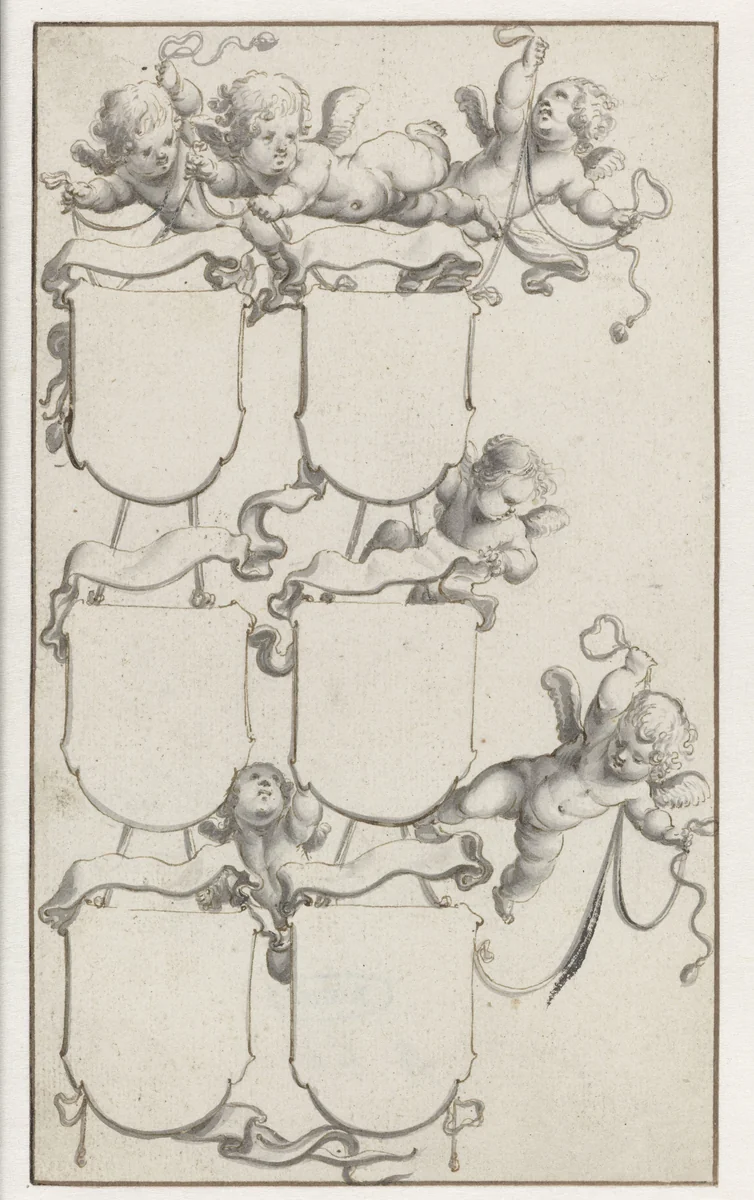 Zes putti met wapenschilden by Pieter Jansz, drawing, 1640-1645