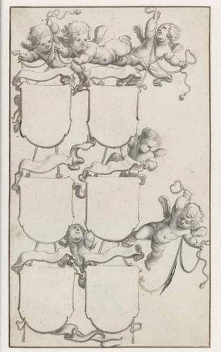Zes putti met wapenschilden by Pieter Jansz, drawing, 1640-1645