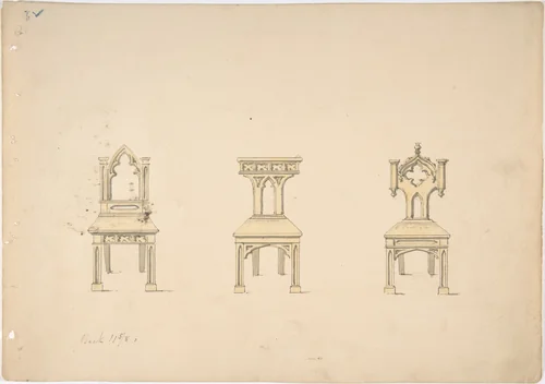 Design for Three Gothic Style Wooden Chairs by anonymous, drawing, 1800-1850