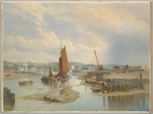 A town on an estuary at low tide by Edward Duncan, drawing, 1868