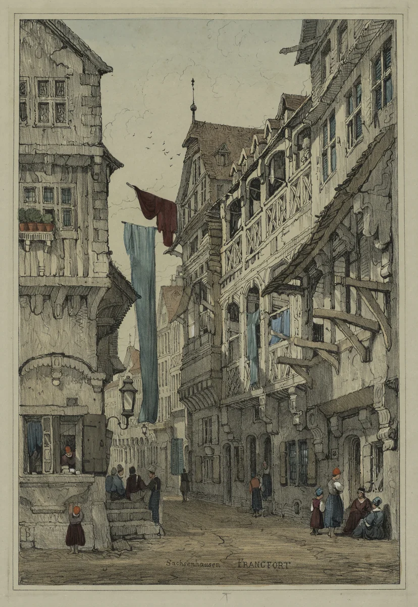 Facisimilies of Sketches made in Flanders and Germany: Sachsenhausen Francfort by Samuel Prout, print, 1833