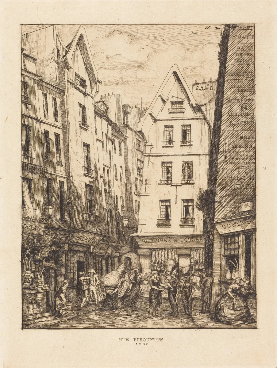 La Rue Pirouette aux halles, Paris (Pirouette Street, Near the Markets, Paris) by Charles Meryon, print, 1860