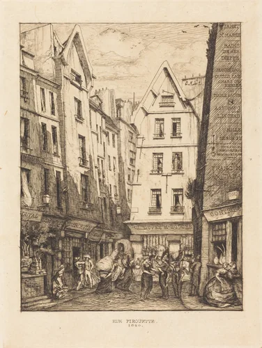 La Rue Pirouette aux halles, Paris (Pirouette Street, Near the Markets, Paris) by Charles Meryon, print, 1860