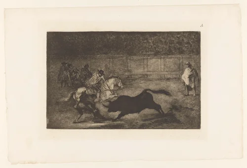 Man te paard steekt zijn lans in een stier by Francisco de Goya, print, 1876