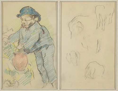 A Breton Boy with a Jug; Five Animal Forms [verso] by Paul Gauguin, drawing, 1884-1888