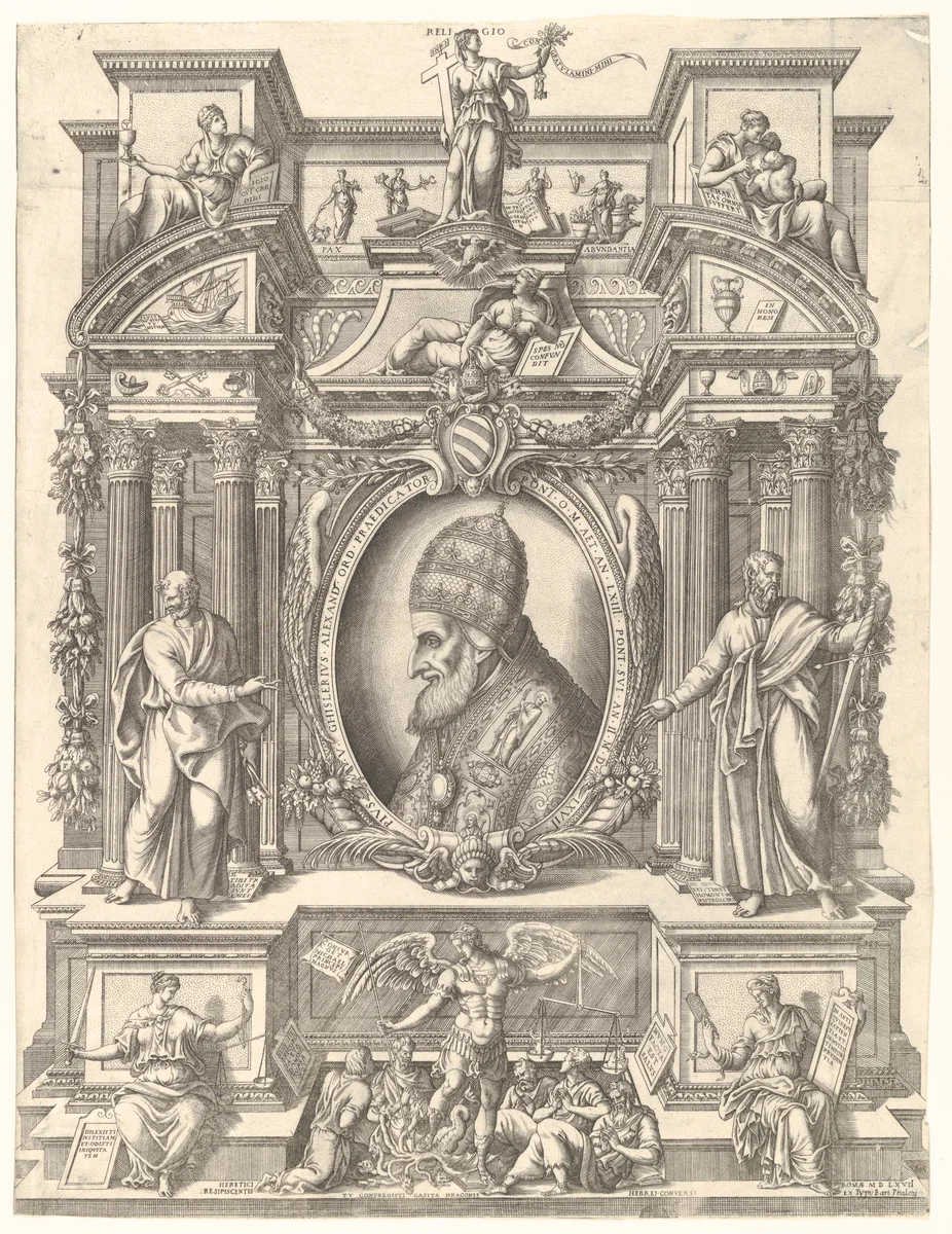 Bust portrait of Pope Pius V in profile facing left set within an elaborate architectural structure upon which sit allegorical figures including Faith, Charity and Religion above and Justice and Prudence below who flank St Michael by Mario Cartaro, print, 1567