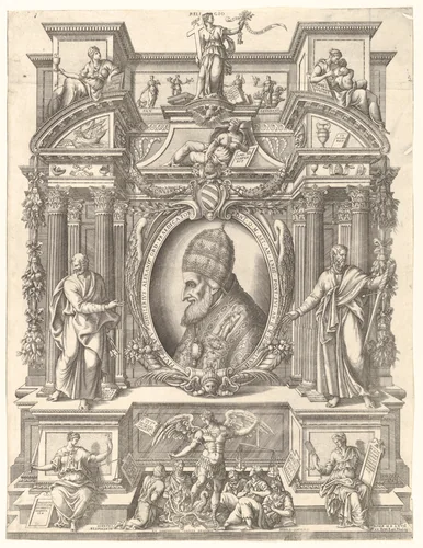Bust portrait of Pope Pius V in profile facing left set within an elaborate architectural structure upon which sit allegorical figures including Faith, Charity and Religion above and Justice and Prudence below who flank St Michael by Mario Cartaro, print, 1567