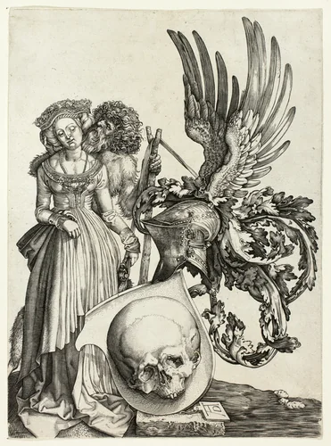 Coat of Arms with a Skull by Jan Wierix, print, 1569-1618