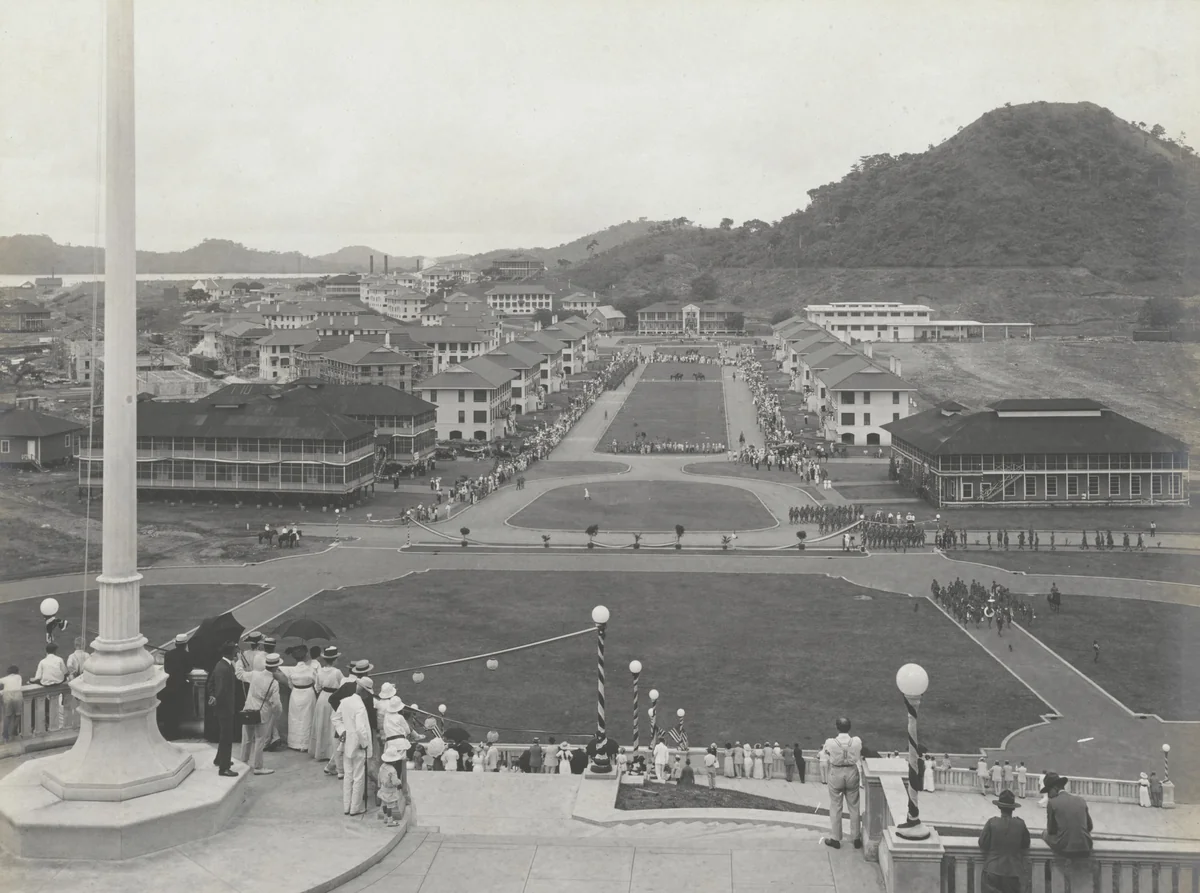 Patriotic excercises at Balboa, C.Z. View looking west from Administration Building by Unidentified Photographer, photograph, 1915