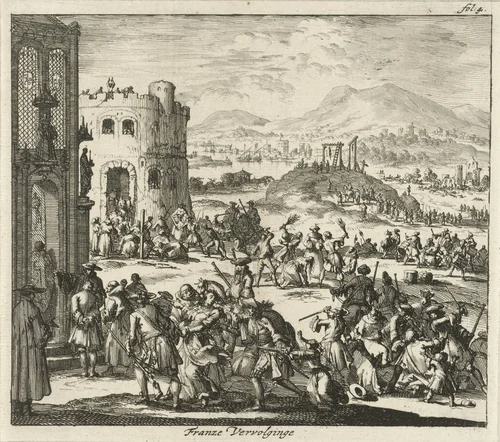 Vervolging van protestanten in Frankrijk, 1685 by Jan Luyken, print, 1689