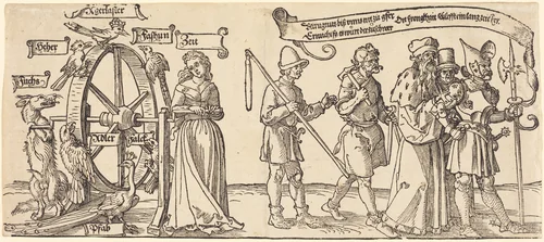 Time and a Fox Turning the Wheel of Fortune with People of all Ranks to the Right by Albrecht Dürer, print, 1526