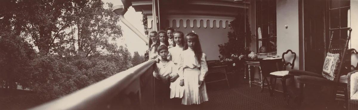 Back row: Grand Duchess Olga, Maria, and Irena; Front row: Tsarevich Alexis, Grand Duchess Tatiana and Anastasia, Peterhof by Unidentified Photographer, photograph, 1909