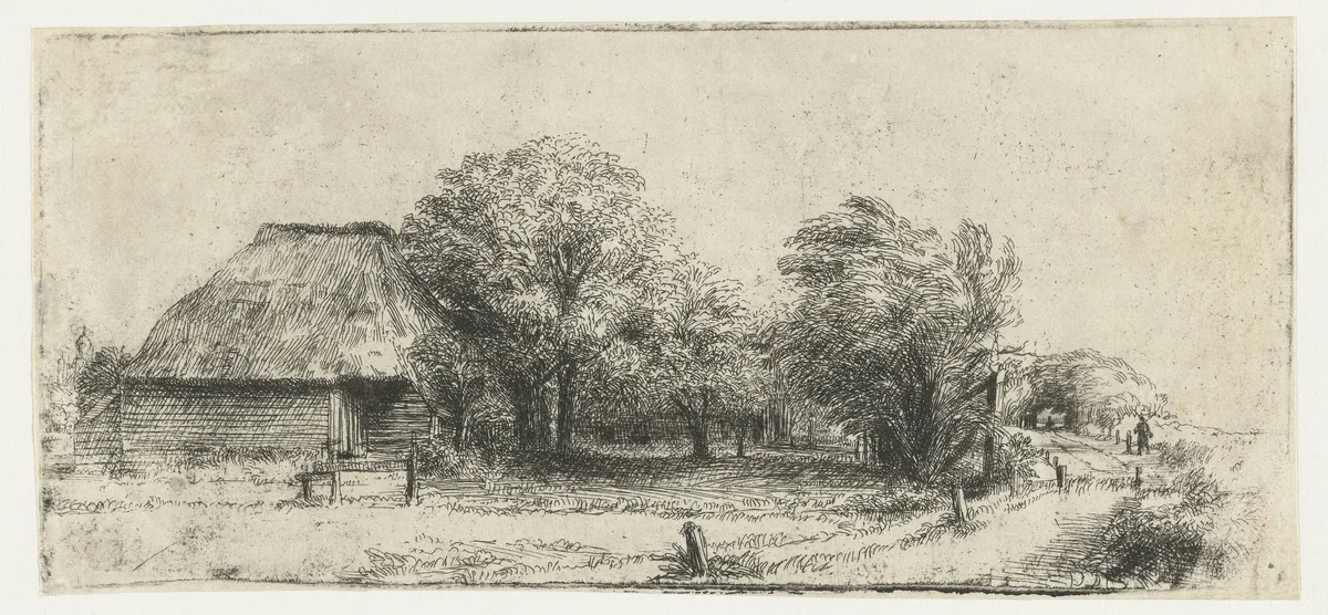 Boomgaard met een schuur by anonymous, print, 1630-1700