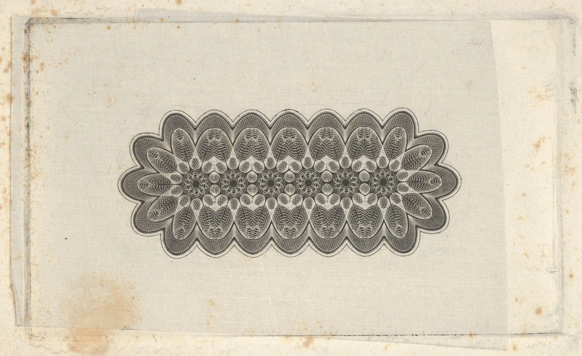Banknote motifs: panel of lathe work ornament with rounded ends, with a repeating floral pattern by Cyrus Durand, print, 1819-1847