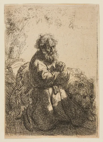 St. Jerome Kneeling in Prayer, Looking Down by Rembrandt van Rijn, print, 1635