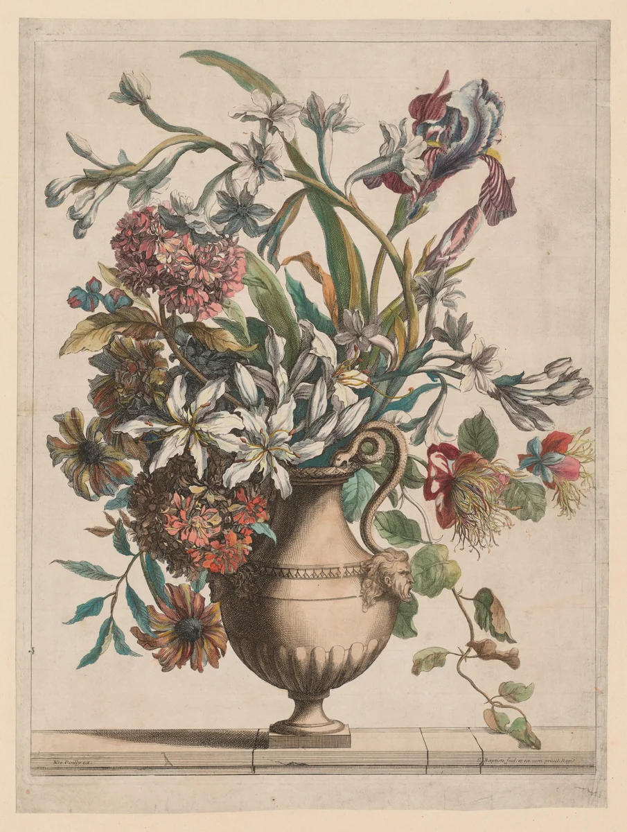 Liure de Toutes Sortes de fleurs d'après nature: Vase of Flowers by Jean-Baptiste I Monnoyer, print, 1680-1695