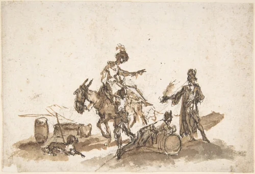 Man Assisting a Woman to Mount a Horse, with Two Other Figures and a Dog by Giuseppe Bernardino Bison, drawing, 1762-1844