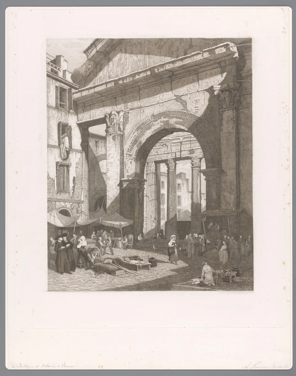 Vismarkt bij de Porticus van Octavia te Rome by Auguste Numans, print, 1833-1883