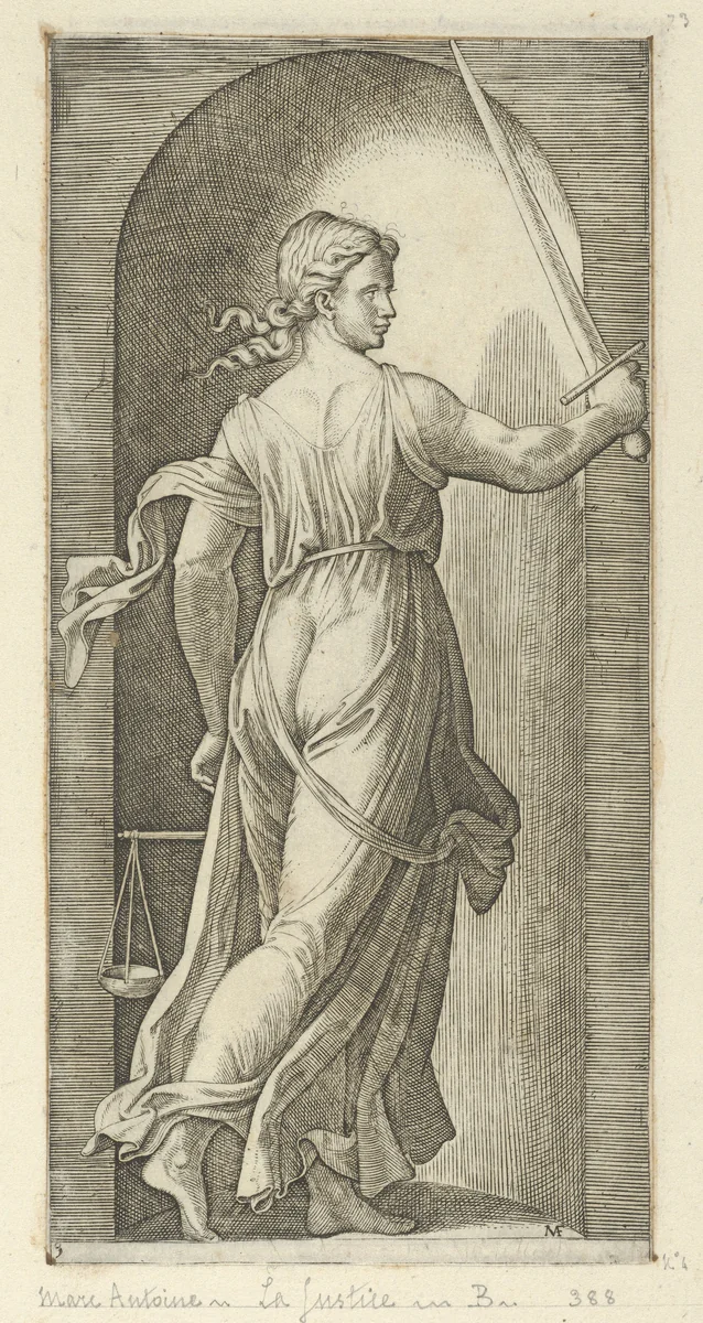 Justice personified by a young woman holding a sword in her raised right hand, scales in her left, from 'The Virtues' by Marcantonio Raimondi, print, 1510-1520