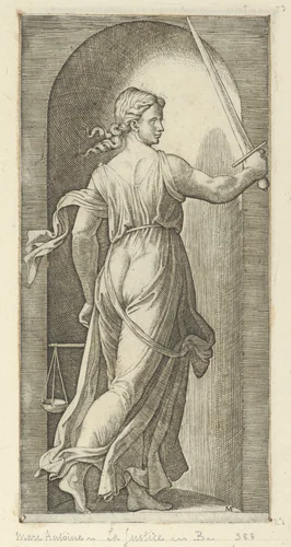 Justice personified by a young woman holding a sword in her raised right hand, scales in her left, from 'The Virtues' by Marcantonio Raimondi, print, 1510-1520