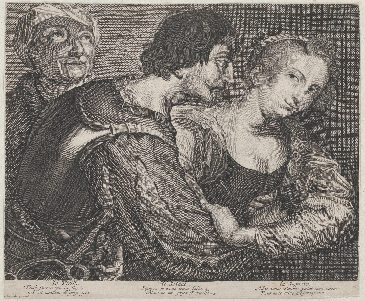 The procuress: an old woman, a soldier, and a woman by Renier Persyn, print, 1630-1668
