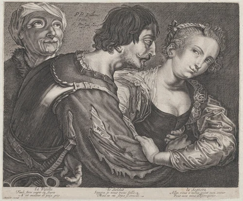 The procuress: an old woman, a soldier, and a woman by Renier Persyn, print, 1630-1668