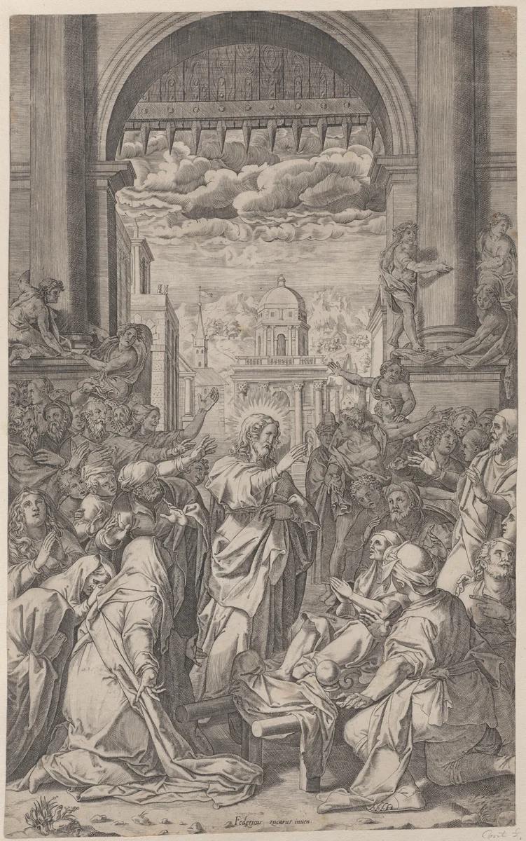 Christ raising the son of the widow outside the gate of the city of Naim by Aliprando Caprioli, print, 1565-1600
