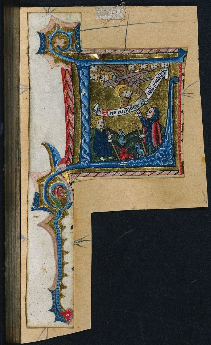 Three Cuttings from a Missal: Initial L with the Annunciation to the Shepherds by Unknown, manuscript, 1465-1505