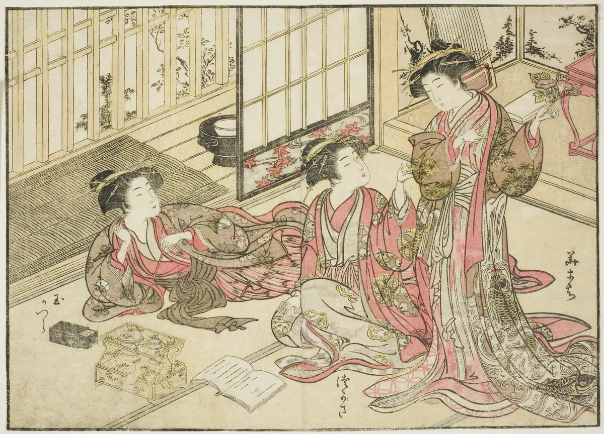 Courtesans of Kado Daikokuya, from the book "Mirror of Beautiful Women of the Pleasure Quarters (Seiro bijin awase sugata kagami)," vol. 2 by Katsukawa Shunsho (勝川 春章), print, 1776