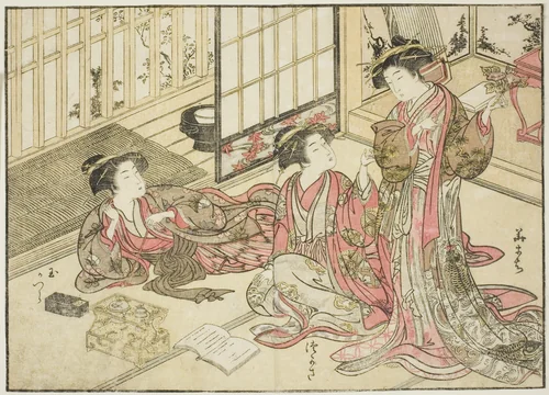 Courtesans of Kado Daikokuya, from the book "Mirror of Beautiful Women of the Pleasure Quarters (Seiro bijin awase sugata kagami)," vol. 2 by Katsukawa Shunsho (勝川 春章), print, 1776