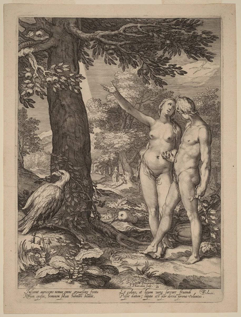 Adam and Eve before the Tree of Knowledge by Jan Pietersz Saenredam; Abraham Bloemaert, print, 1604