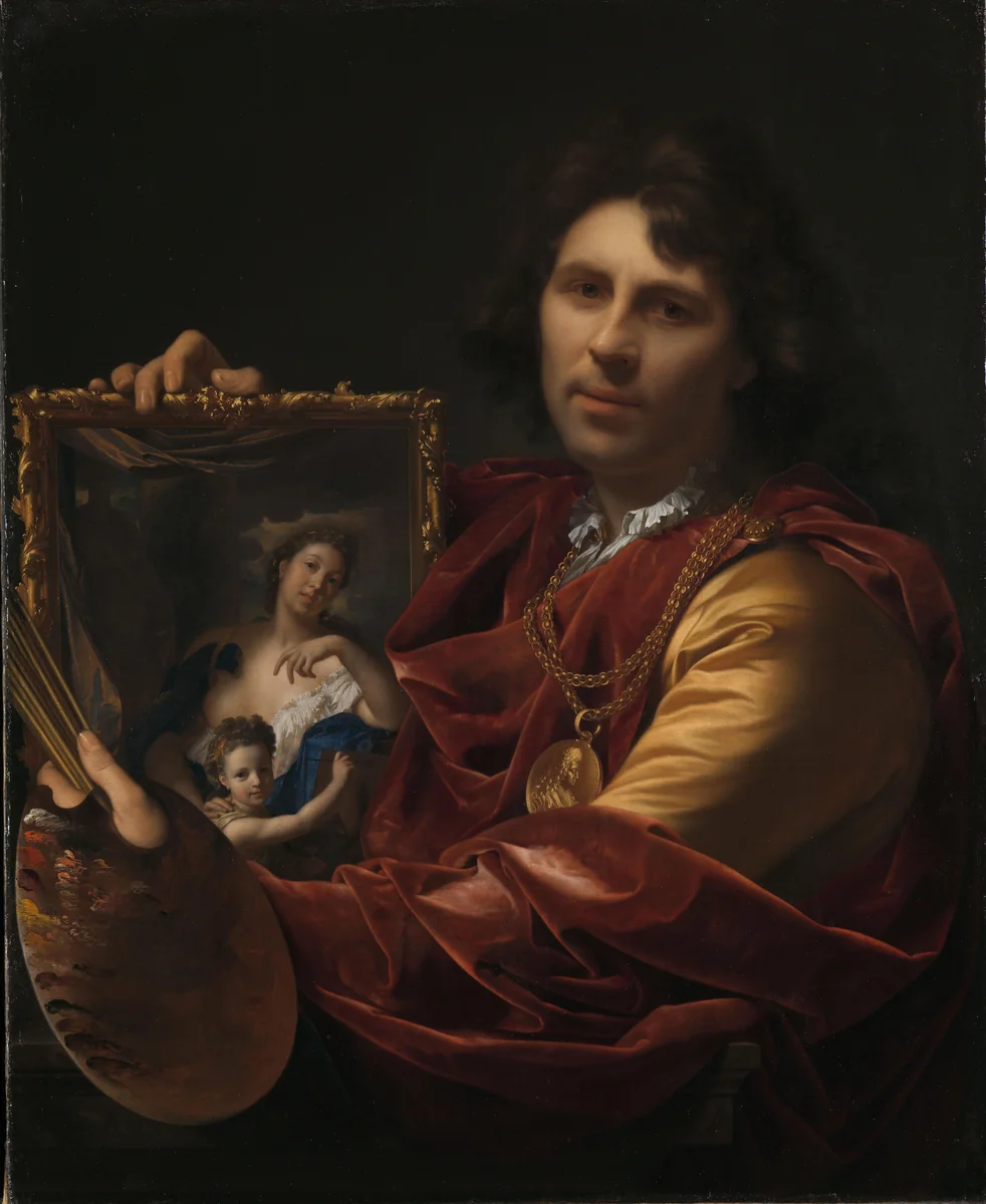 Self-portrait with the Portrait of his Wife, Margaretha van Rees, and their Daughter Maria by Adriaen van der Werff, painting, 1699