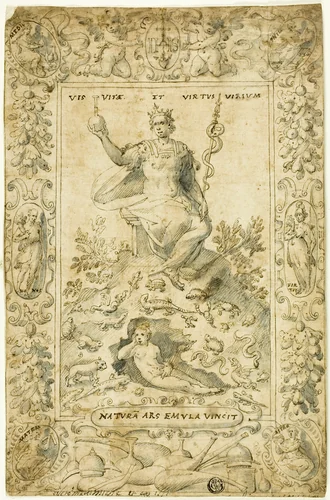 Design for Emblematic Frontispiece: "Natura Ars Emula Vincit" by Giovanni Guerra, drawing, 1544-1618