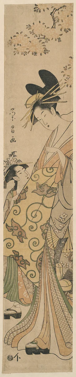 Courtesan and her Attendant under Cherry Tree by Chokosai Eisho, print, 1775-1805