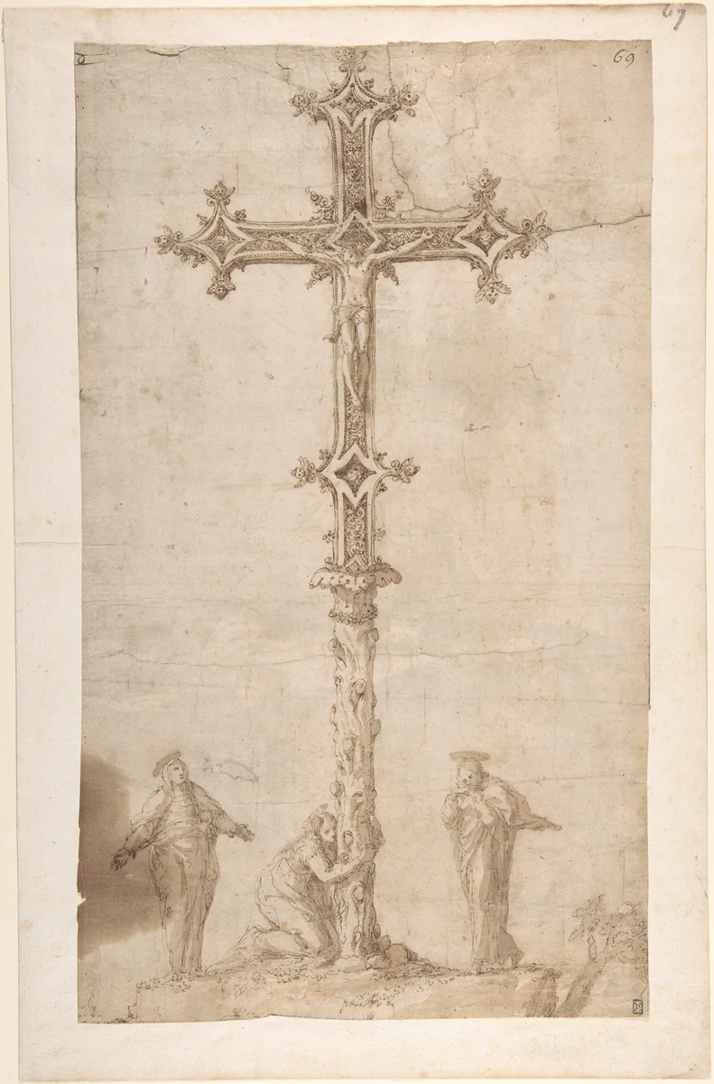 Design for a Crucifix with the Virgin Mary, Saint Mary Magdalen, and Saint John by Polidoro da Caravaggio, drawing, 1494-1548