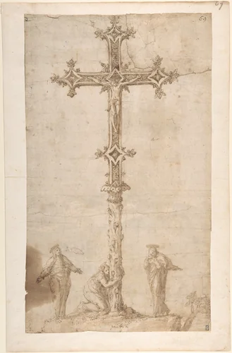 Design for a Crucifix with the Virgin Mary, Saint Mary Magdalen, and Saint John by Polidoro da Caravaggio, drawing, 1494-1548