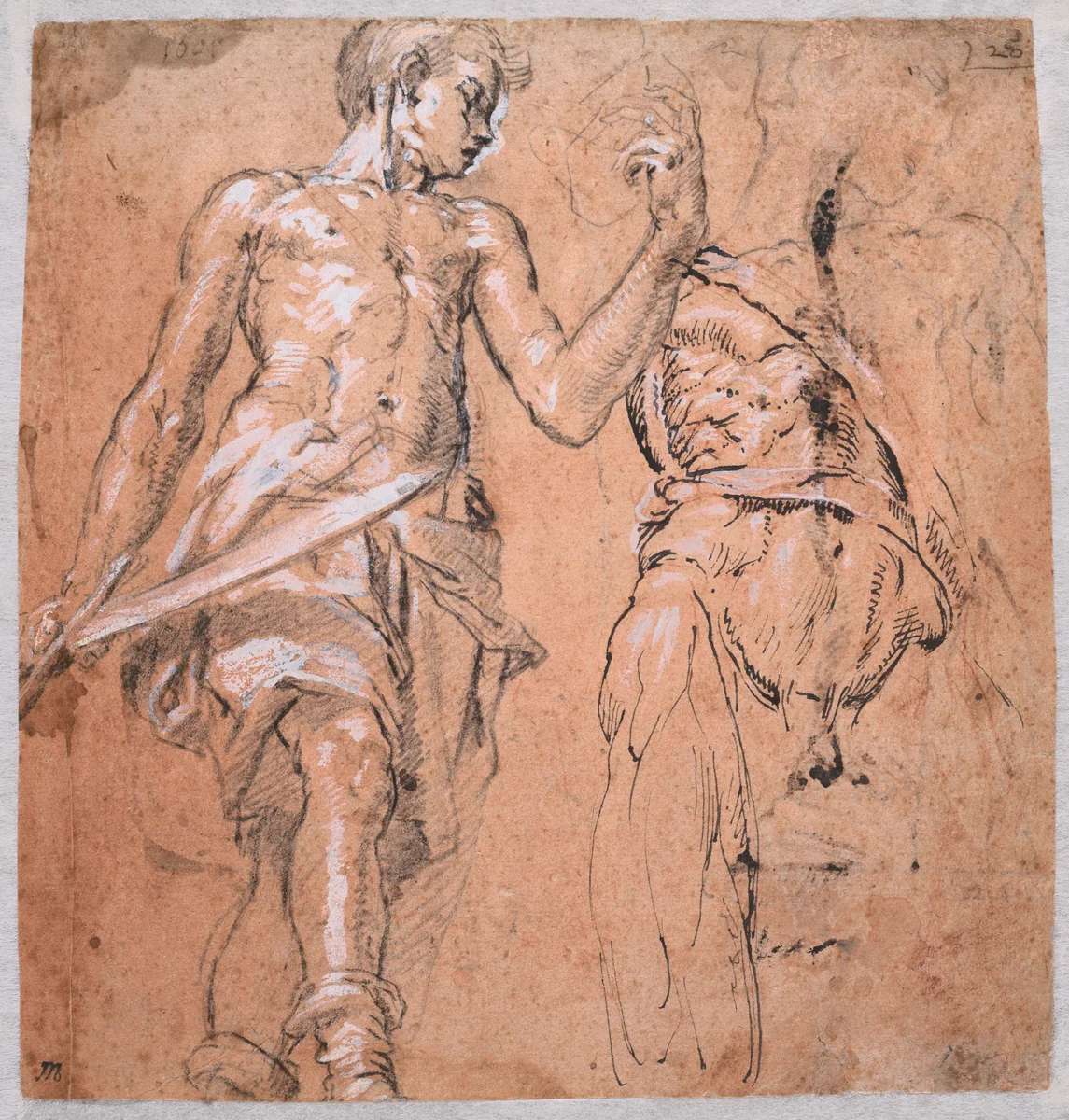 Two studies of a Standing Man with a Sword (Alexander the Great); verso: Studies of a Leg, an Arm, a Hand, and a Figure's Neck by Peter Candid, drawing, 1601