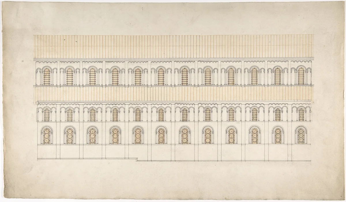 Elevation of a Pseudo-Romanesque Hall or Church by anonymous, drawing, 1800-1900