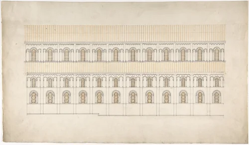 Elevation of a Pseudo-Romanesque Hall or Church by anonymous, drawing, 1800-1900