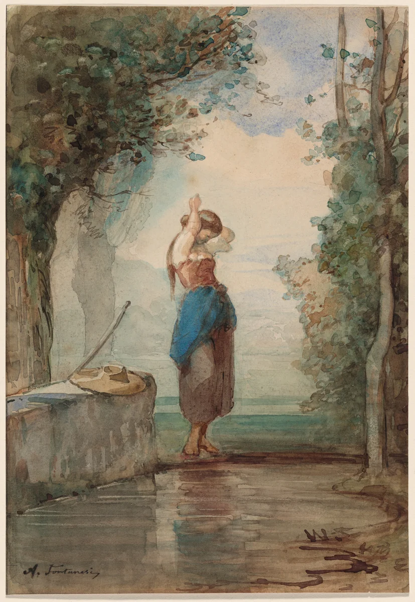 Young Girl Standing by a Stream by Antonio Fontanesi, drawing, 1860-1870