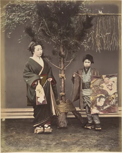 [A Japanese Woman and a Japanese Boy in Traditional Dress] by Suzuki Shin'ichi, photograph, 1870-1879