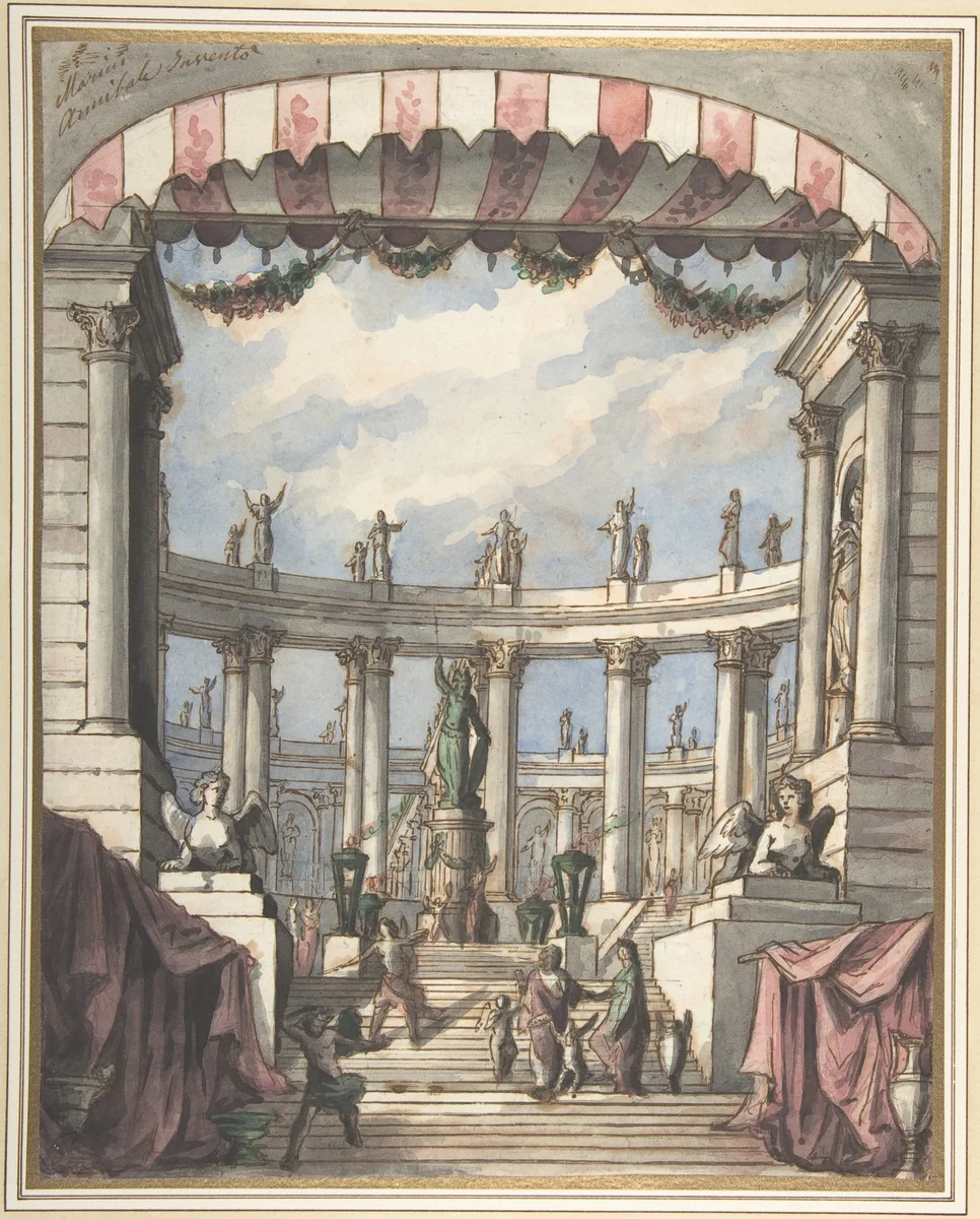 Design for a Stage Set: A Classical Courtyard and Colonnade with a Statue of Minerva by Leonardo Marini, drawing, 1780-1790