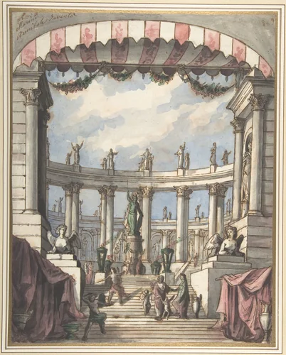 Design for a Stage Set: A Classical Courtyard and Colonnade with a Statue of Minerva by Leonardo Marini, drawing, 1780-1790