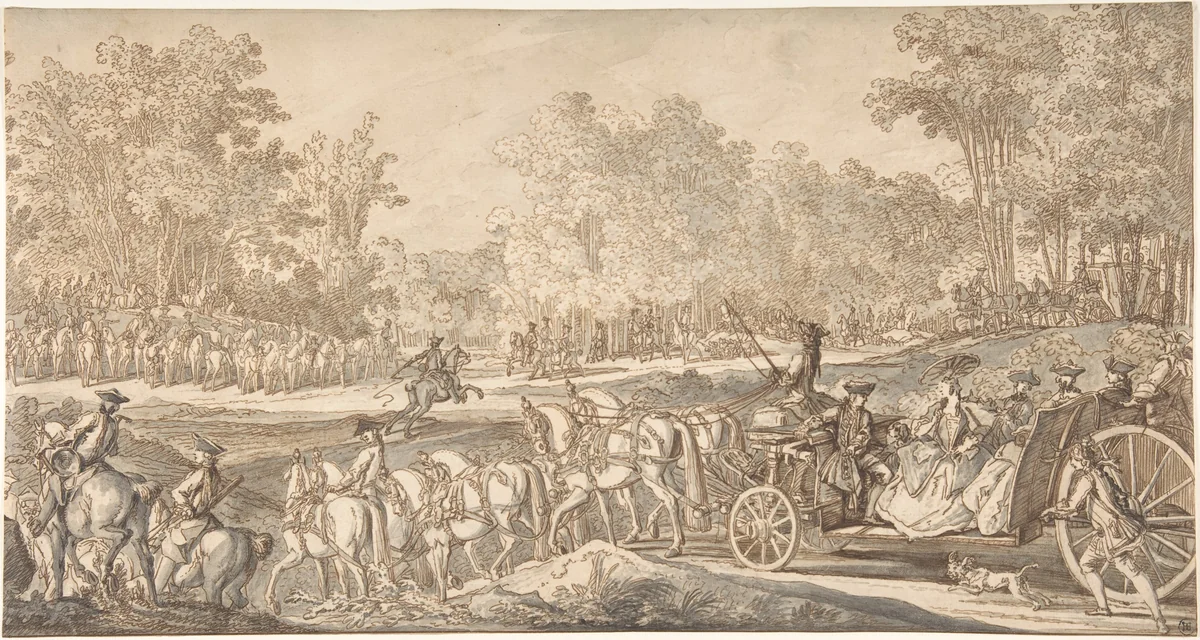 The Arrival of the Princely Carriage at the Starting Point of the Hunt by Johann Elias Ridinger, drawing, 1751-1761
