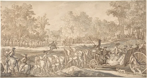 The Arrival of the Princely Carriage at the Starting Point of the Hunt by Johann Elias Ridinger, drawing, 1751-1761