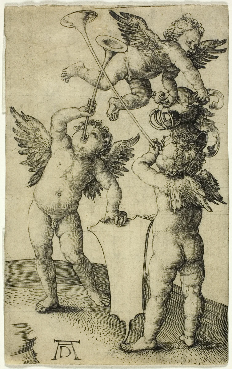 Three Putti with Shield and Helmet by Albrecht Dürer, print, 1505-1519