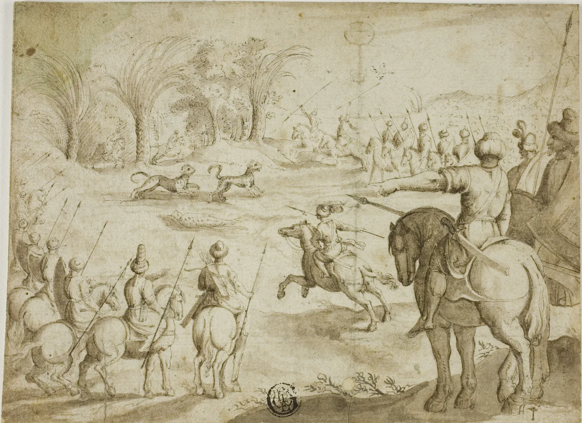 Leopard Hunt in Persia by Unknown Artist, drawing, 1600-1699
