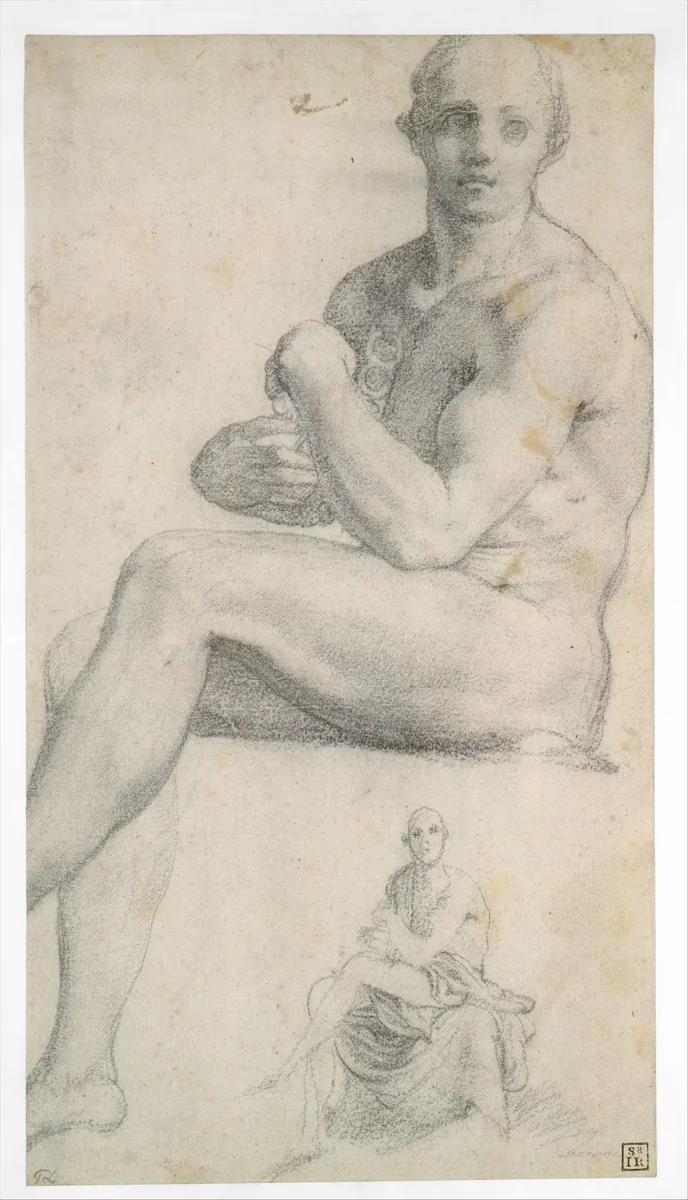 Two Studies of a Seated Male Nude by Jacopo da Pontormo, drawing, 1536-1570