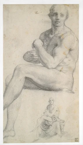 Two Studies of a Seated Male Nude by Jacopo da Pontormo, drawing, 1536-1570